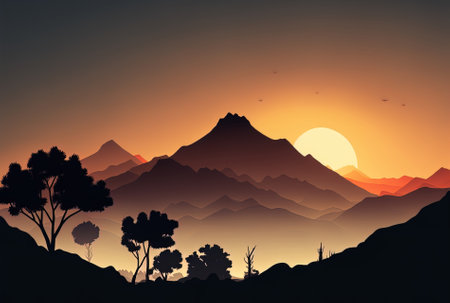 Early in the morning, a mountain range is seen in silhouetteの素材