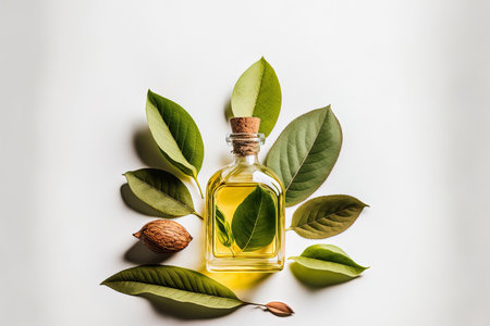 On a white backdrop, a crystal bottle of avocado oil is seenの素材