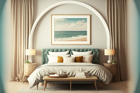 mock up frame with warm interior of home, bedroom in coastal design,の素材