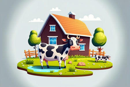 solitary farm with animals in a cartoonの素材