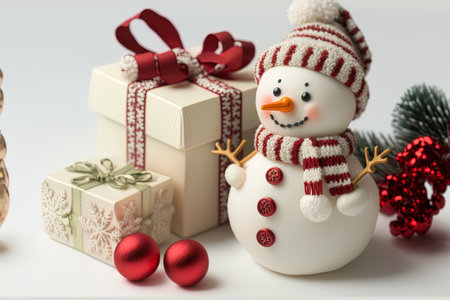 Christmas gifts and a snowman are shown alone on a white backgroundの素材