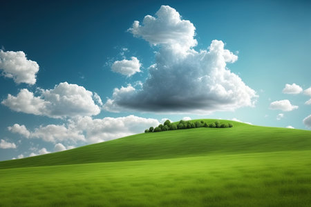Landscape view of green grass on slope with blue sky and clouds backgroundの素材