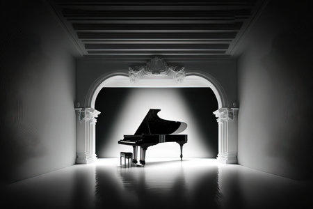 In a white room, a black piano is prepared to performの素材