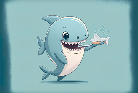 Illustration of a cute shark waving while eating a bone in a hand drawn cartoon styleの素材