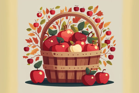 Red apples in a basket. harvest in autumn. art in a flat designの素材