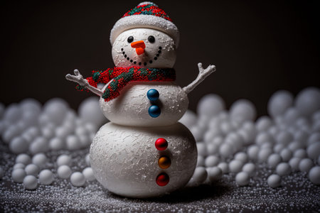 Toy snowman against a dark background with festive red ballsの素材