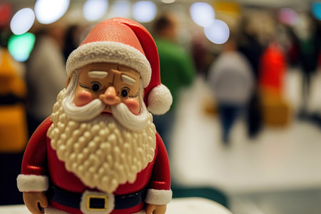 Near the Christmas tree in the mall is a toy Santa Claus. close upの素材