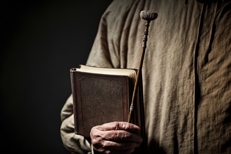 closed Bible holding a tiny staffの素材