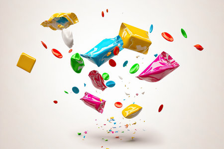 Sweet candy dropping on a white background with vibrant wrappersの素材
