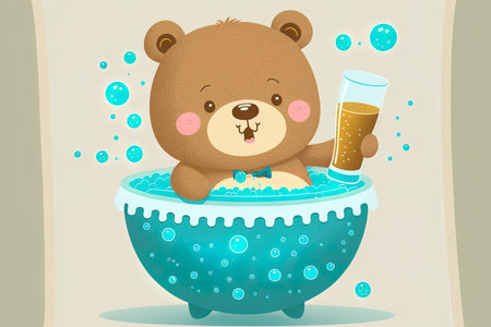 Illustration of a bear doll holding a champagne glass in a cash bathtubの素材