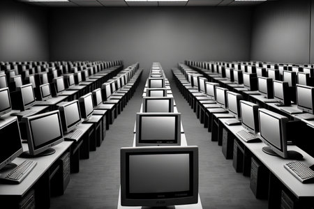 Rows of computer neatly placed in a computer labの素材