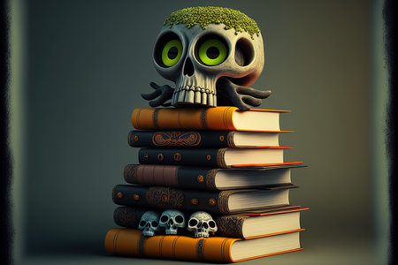 eerie skull with cartoon eyes atop a stack of booksの素材