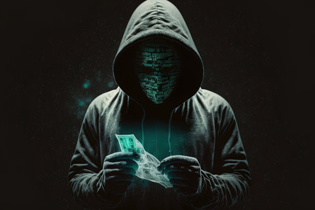 dangerous anonymous hacker man wearing a hood making a stop sign while holding a billの素材