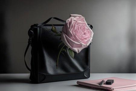 Stunning image of a pink rose on a white table and a black pocketbookの素材