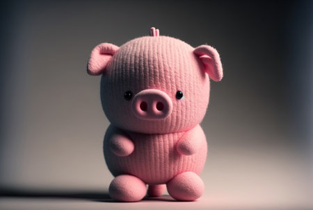 Pink plush pig standing alone on whiteの素材