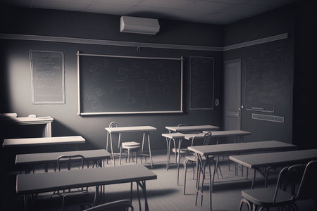 Empty modern classroom with chairs, desks and chalkboardの素材