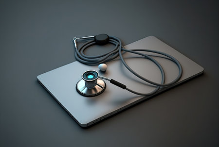Stethoscope in close up on a gray laptop with a blue backgroundの素材