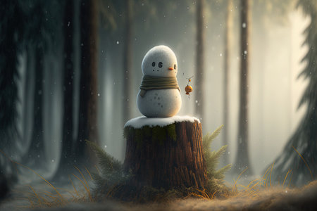 Small snowman perched on a stump amid a foggy pine forest backgroundの素材