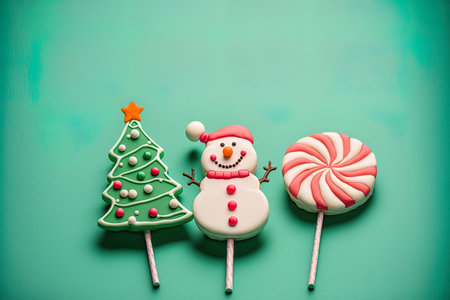 Funny snowman and Christmas tree candy lollipops with a green backgroundの素材