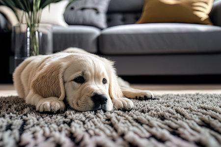 In the living room, a cute Golden Retriever puppyの素材