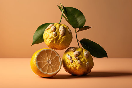 isolated yuzu fruits against a light brown backdropの素材