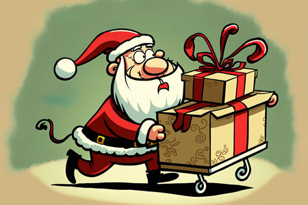 Santa Claus pulling a sleigh loaded with holiday presentsの素材