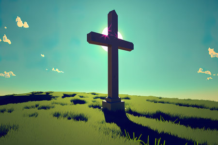 sun beaming in a clear sky, with a wooden cross on a green fieldの素材