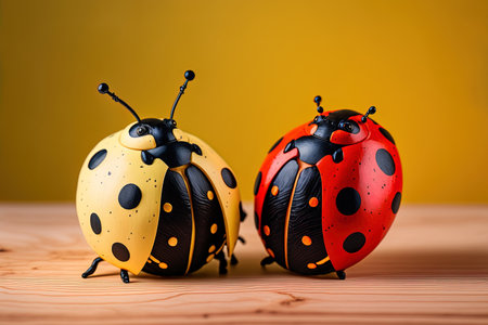 colored wooden ladybug figurines on a yellow backdropの素材