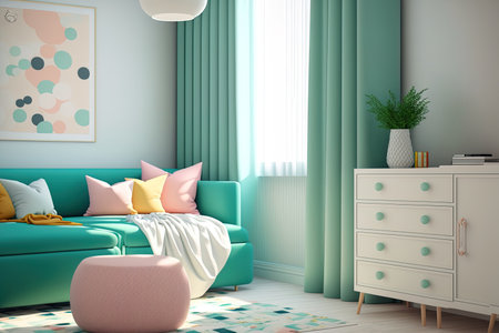 a bright, roomy living area with a sofa and a chest of drawersの素材