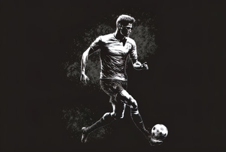 Man playing football on a black backdrop, isolated. a based imageの素材