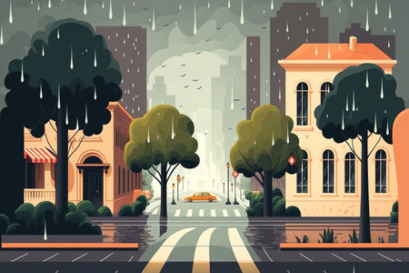 Rainy road city with structures and greeneryの素材