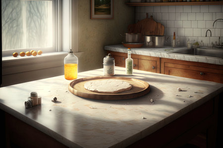 In the kitchen, a marble counter table with an empty topの素材