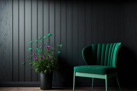 interior wooden wall with a black chair and a green flowerの素材