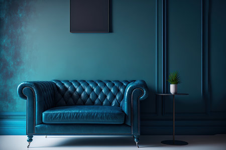 Interior background of a living room with a leather couch and a deep blue wallの素材