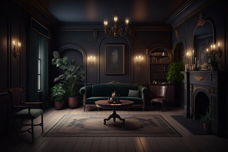 Dark, classy, and vintage room, perfect for use as a copy space at nightの素材