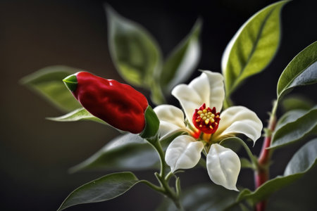 the red pepper in bloom. In the garden, a white flowerの素材