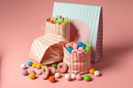 Sweet candy and paper bags in the top perspective against a pink backgroundの素材
