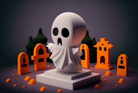 Halloween chibi figurine of a ghost in a cemetery. Halloween themed wallpaperの素材