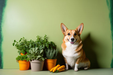 Corgi dog in cute pose with plants and veggies next to a color wallの素材