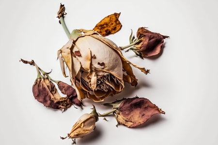 White background with dried rose petalsの素材