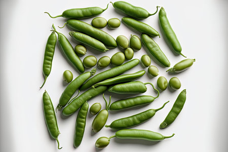 Isolated green beans on a white backdrop. looking up. Lay flatの素材