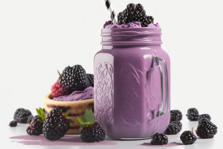 On a white background, a delectable blackberry smoothie is displayedの素材