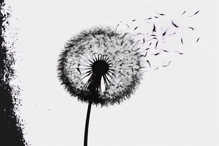On a white backdrop, a dandelion with fluttering seeds appearsの素材