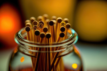 image of wooden toothpicks in a little glass up closeの素材
