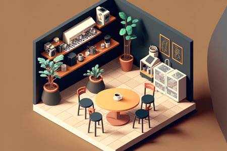 Isometric perspective of a minimalist coffee establishment with interior architectureの素材