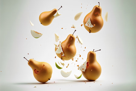Pears, whole and cut, floating in the air on a white backdropの素材