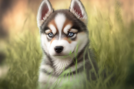 Siberian husky puppy on grass, adorableの素材