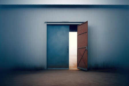 a storage building with a foggy blue sky in the distanceの素材