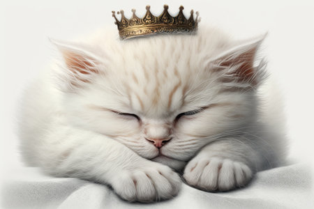 Crowned sleeping kitten on a white background, wearing white sheetsの素材
