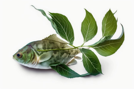 Isolated white background with a mint leaf from a Houttuynia cordata chameleon fishの素材